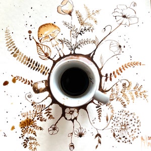 Akvarellmålning med kaffeblommor: Original konst för kaffeälskare (25 x 25 cm)