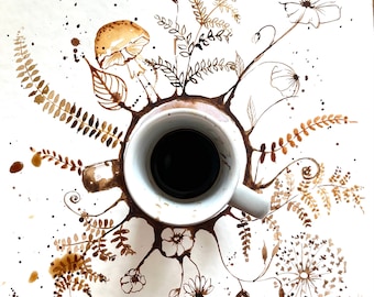 Akvarellmålning med kaffeblommor: Original konst för kaffeälskare (25 x 25 cm)