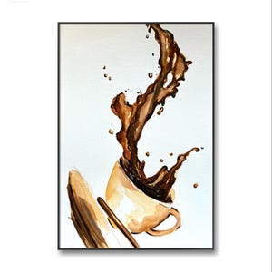 Coffee Cup Splash Watercolor Painting: Original Coffee Bar Art (20x30 cm)