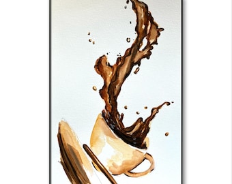 Akwarela „Rozpryski na filiżance kawy”: Oryginalna sztuka kawiarniana (20 x 30 cm)