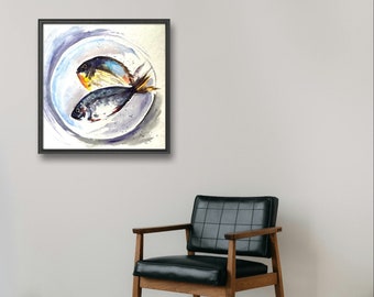 オリジナルの魚の水彩画：海岸沿いのキッチンの壁アート（25 x 25 cm