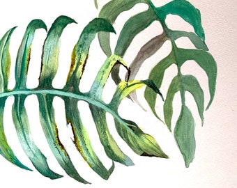 Tropical leaves Original Watercolor Painting Wall Art