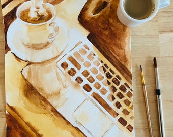 Sepia Coffee and Laptop Watercolor Painting: Coffee Bar Art