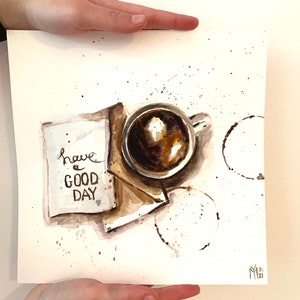 Xícara de café original pintura em aquarela arte da parede café bar decoração presente de inauguração