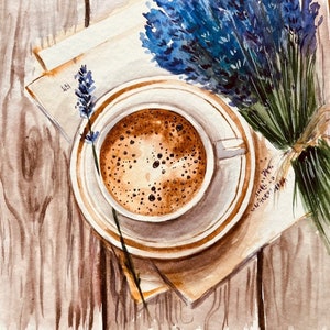 May include: A watercolor painting of a cup of coffee with a saucer, a sprig of lavender, and a piece of paper with writing on it. The scene is set on a wooden table.