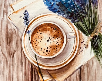 Aquarell Kaffeetasse & Lavendelstrauß Gemälde: Paris Cafe Art