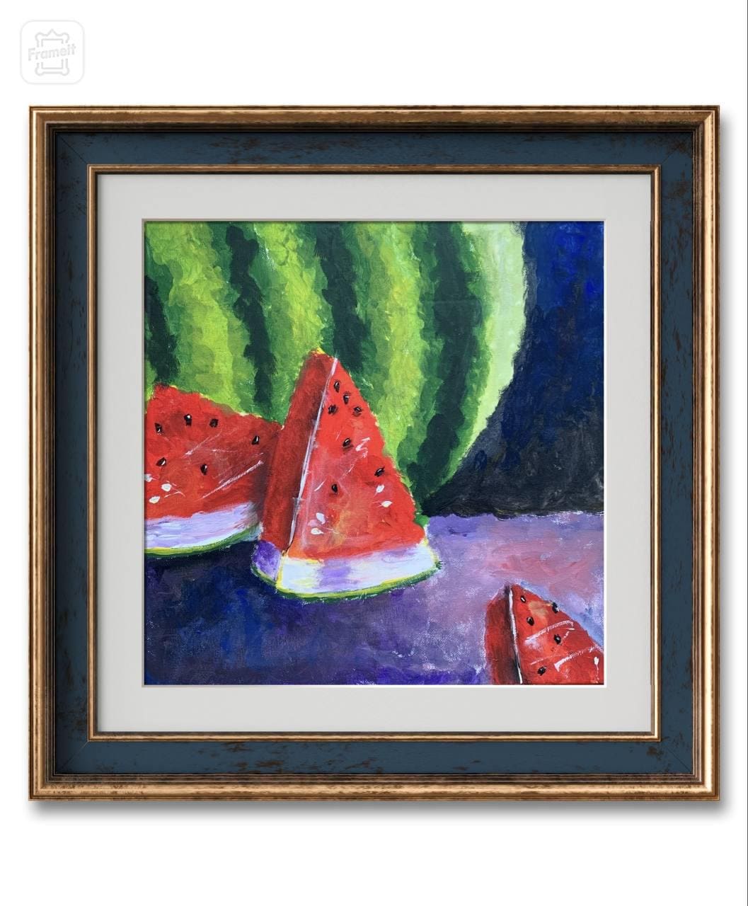 オリジナルスイカ静物画、鮮やかなフルーツアート（16 x 16インチ