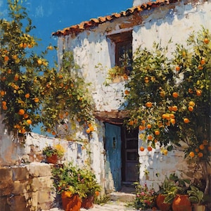 May include: Oil painting depicting a sunlit courtyard with a white stucco building, a blue door, and orange trees with fruit. Terra cotta pots with flowers are on the stone patio. The sky is a clear, bright blue.