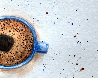 Original Coffee Cup Watercolor Painting: Handmade Kitchen Art