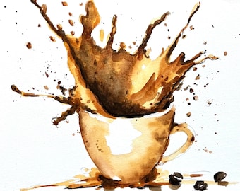 May include: A watercolor painting of a brown coffee cup with coffee splashing out of it. The coffee is a dark brown color and the cup is a light brown color. There are coffee beans scattered around the cup.