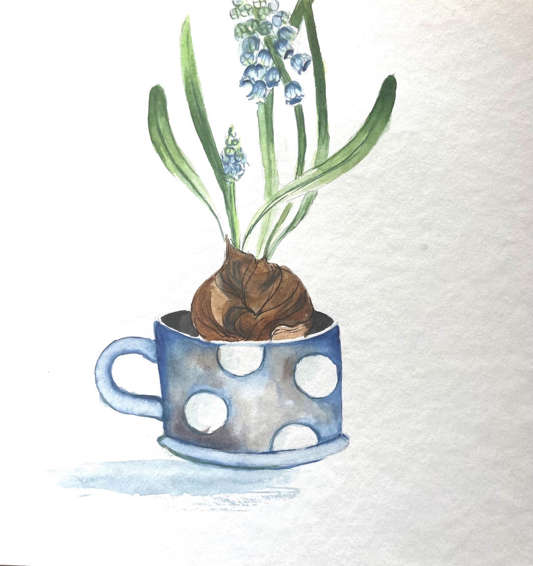 ♡たまみな♡水彩画 春の庭　ムスカリの花とめじろ　値段は※900円です ムスカリ春の水彩画：青い花のアート、25 x 25 cm - Etsy 日本