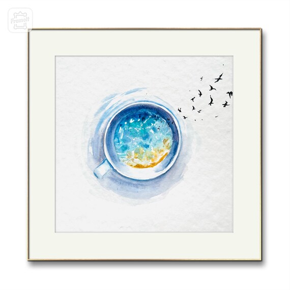 カップの中の海の水彩画：海辺のインテリア、海好きへのギフト - Etsy 日本
