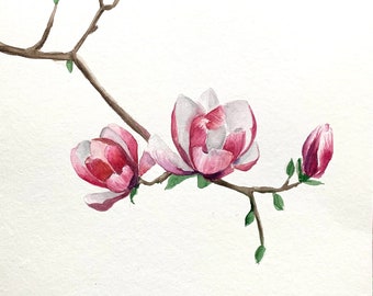 Pintura original de flores de magnólia para decoração de parede.