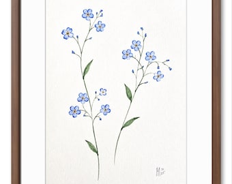 忘れな草の絵画 - 私のオリジナルの水彩画「忘れな草」からのプリント