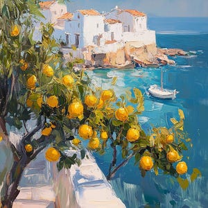 Visualizza Amalfi Dipinto Astratto Amalfi con Limoni Stampa Artistica da Olio Originale Decorazione Soggiorno Divano Arte da Parete Italia Amanti Regalo di Compleanno