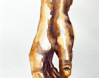 May include: A watercolor painting of a hand with a light brown skin tone. The hand is depicted in a relaxed, open position, with the fingers slightly curled inwards. The painting captures the subtle details of the hand's anatomy, including the veins and tendons.