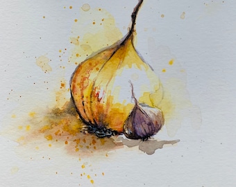Onion Watercolour Painting Kitchen Wall Art (9x12 inch)
