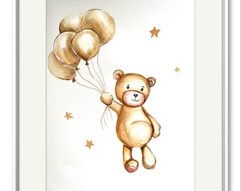 Teddy Bear Watercolor Painting: Neutral Nursery Art, Kids Room Decor