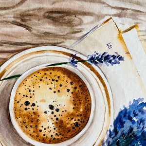 May include: A watercolor painting of a cup of coffee with a brown and white saucer, a sprig of lavender, and a piece of paper with the word "Hello" written on it.