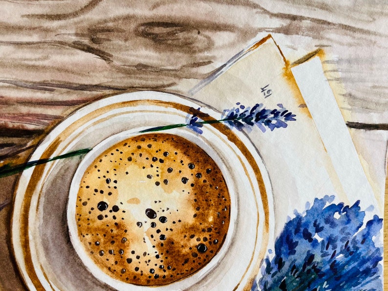 May include: A watercolor painting of a cup of coffee with a brown and white saucer, a sprig of lavender, and a piece of paper with the word "Hello" written on it.