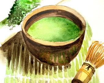 Matcha Tee Original Watercolor Painting Wall Art Home Decor