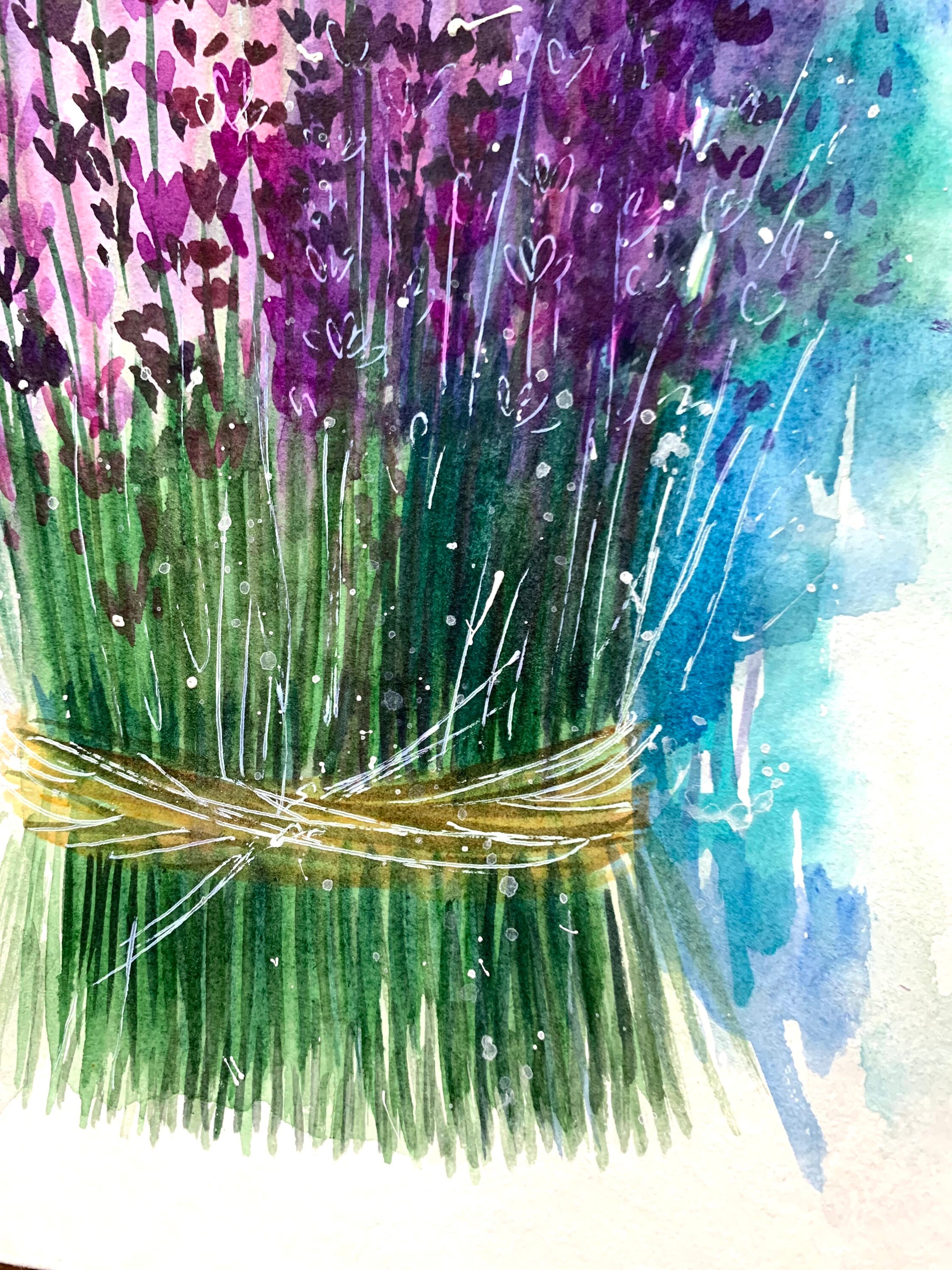 ラベンダーの絵画 オリジナル水彩画 フランスの花の絵画 ラベンダーの