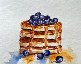 Blueberry Pancakes Watercolor Painting: Kitchen Breakfast Art (25x25 cm)