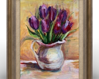 Cuadro de tulipanes morados: Obra de arte floral original en acrílico (28 x 38 cm)