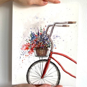 Vélo avec des fleurs, aquarelle originale, décoration d&#39;intérieur
