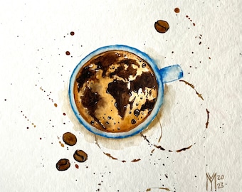 Coffee Map Watercolor Painting: Original Coffee Bar Wall Art