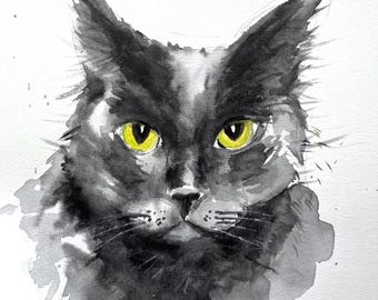 カスタム黒猫の肖像画：オリジナル水彩画 - Etsy 日本