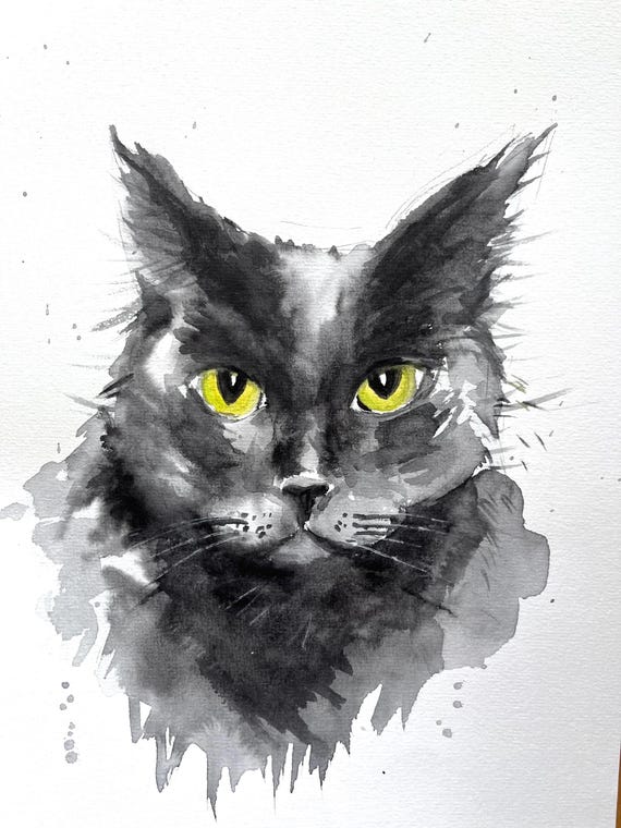 カスタム黒猫の肖像画：オリジナル水彩画 - Etsy 日本