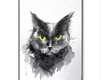カスタム黒猫の肖像画：オリジナル水彩画 - Etsy 日本