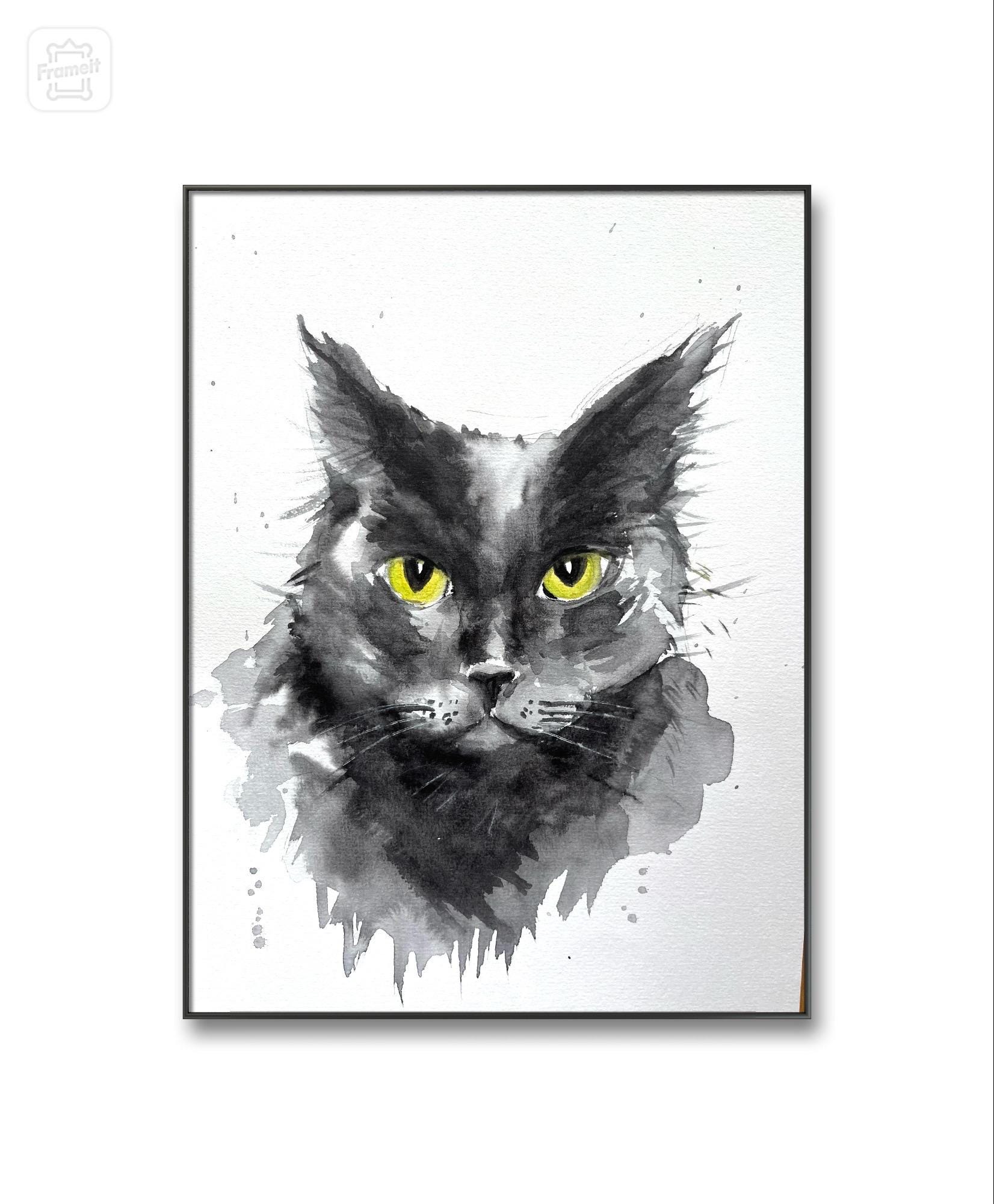 カスタム黒猫の肖像画：オリジナル水彩画 - Etsy 日本