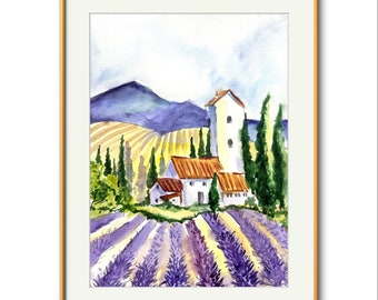 Provence Lavender Field Watercolor Painting: French Landscape Art (8.3x11.4 inch)