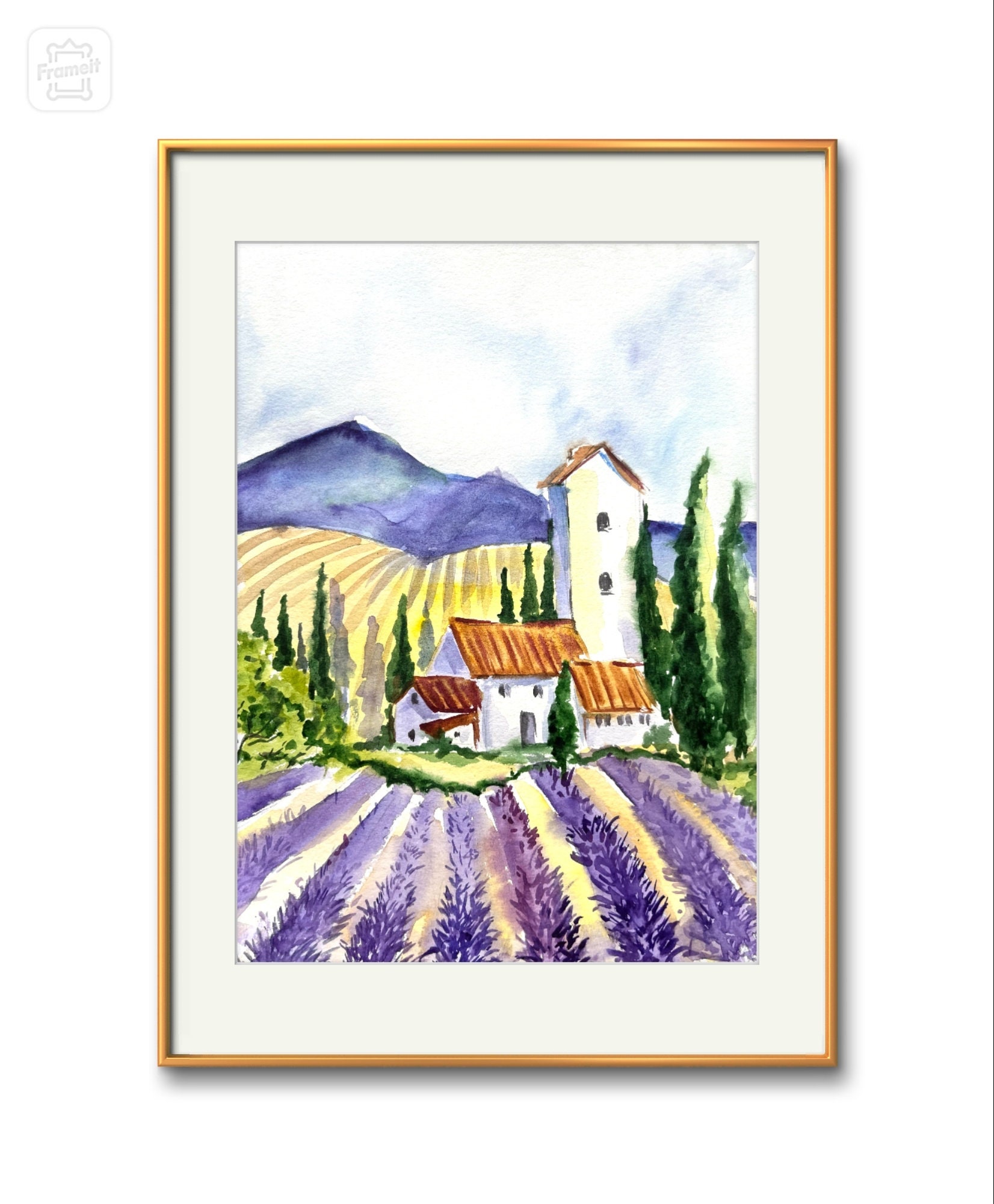 プロヴァンスのラベンダー畑　水彩画　ホワイト額入り プロヴァンスのラベンダー畑の水彩画：フランスの風景画（8.3x11.4
