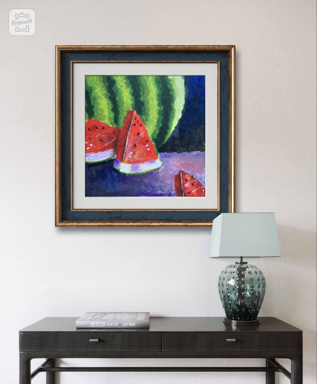 オリジナルスイカ静物画、鮮やかなフルーツアート（16 x 16インチ