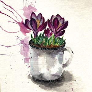 Crocuses Original Watercolor Painting Wall Art Gift for woman Gift for girl Housewarming gift