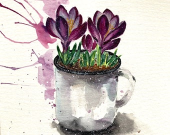Crocuses Original Watercolor Painting: Floral Wall Art (20x30 cm)