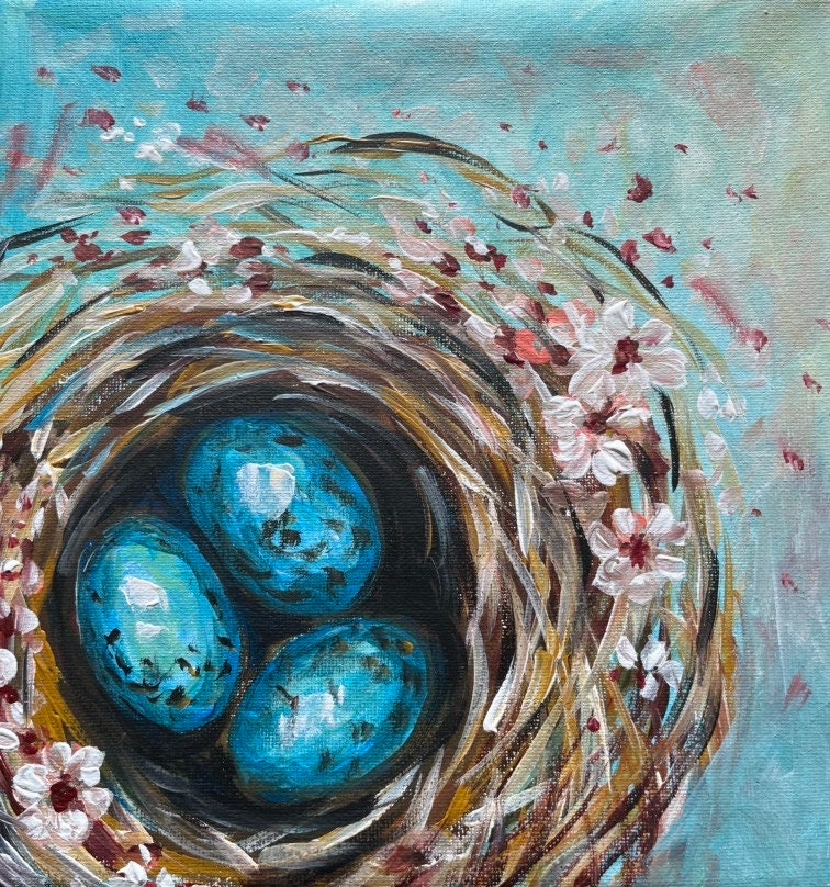 Original Bird Nest Painting: Spring Decor, Acrylic on Canvas