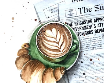 Coffee and Croissant Watercolor Painting: Original Handmade Art (25x25 cm)