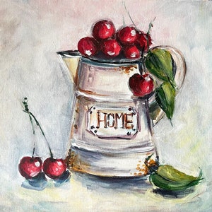 Cherries Acrylic Painting: Kitchen Still Life Art (30x30 cm)