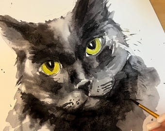 カスタム黒猫の肖像画：オリジナル水彩画 - Etsy 日本