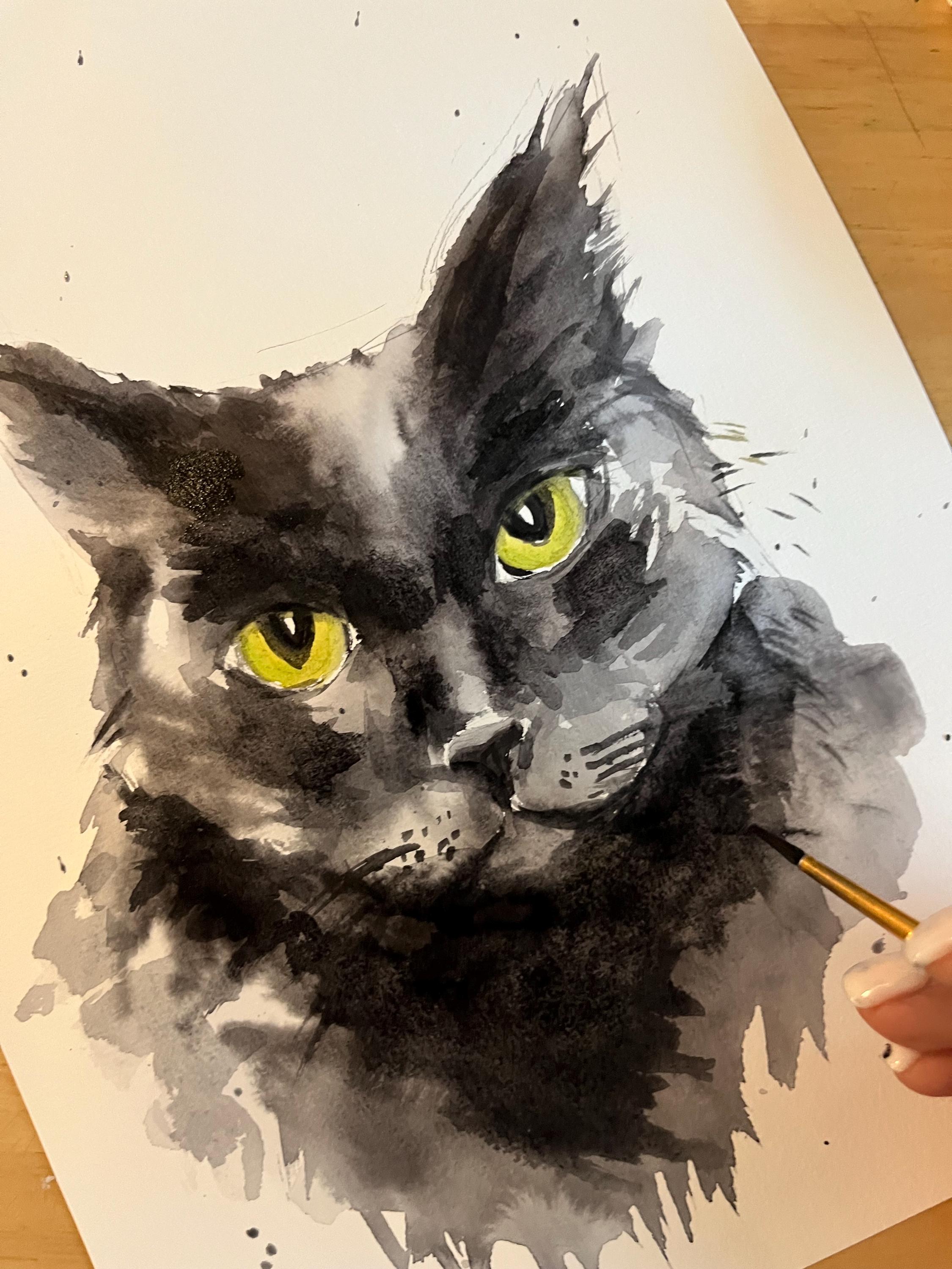 カスタム黒猫の肖像画：オリジナル水彩画 - Etsy 日本