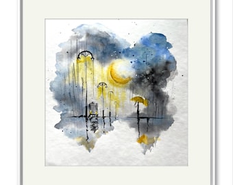 Pintura de paraguas amarillo: pequeño paisaje otoñal abstracto en acuarela (25,4 x 25,4 cm)