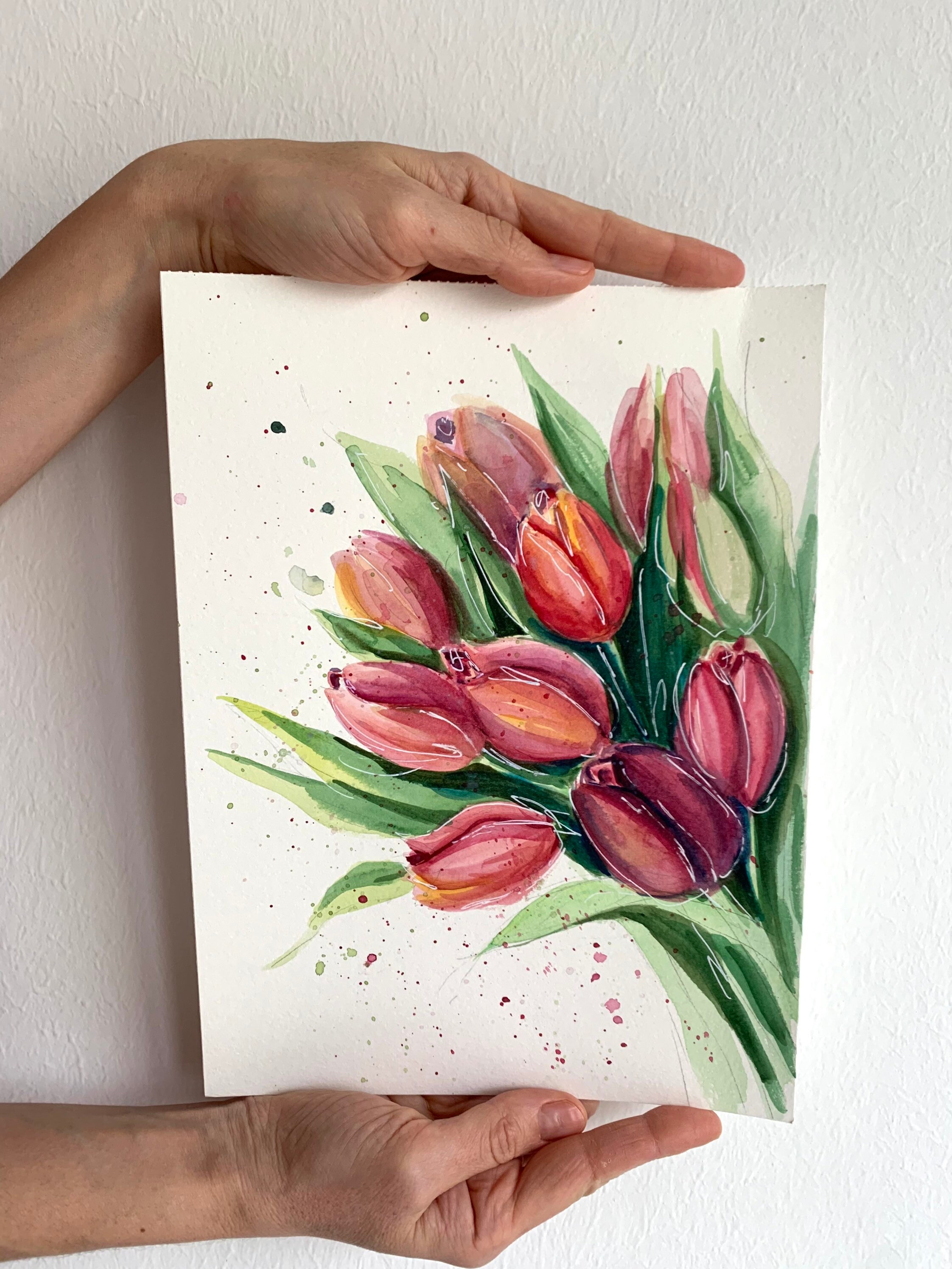 オリジナルチューリップ水彩画：キッチンの花の壁アート（20 x 30 cm