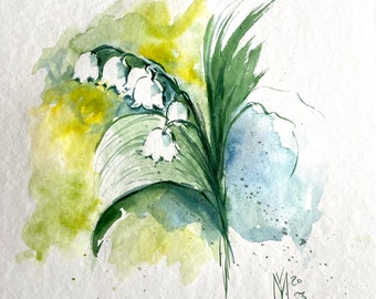スズランの水彩画：花の壁アート（25 x 35 cm） - Etsy 日本