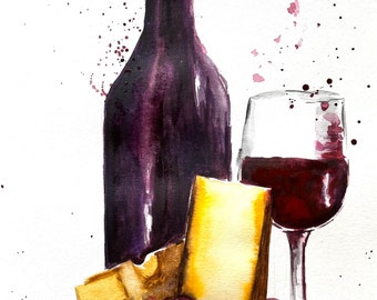 Wine Watercolor Painting: Still Life Art, Kitchen Decor (24x34 cm)