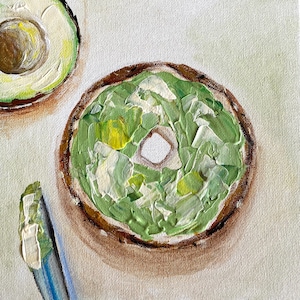Original Oil Impasto Painting of Avocado Bagel - Minimalist Breakfast Kitchen Wall Art - Food painting - Perfect Housewarming Gift