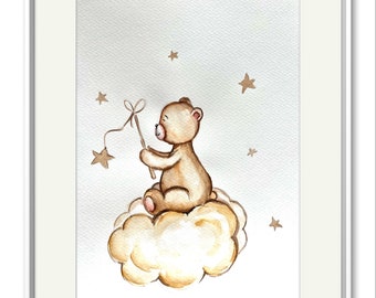 Teddy Bear Watercolor Painting: Neutral Nursery Art (24x32 cm)
